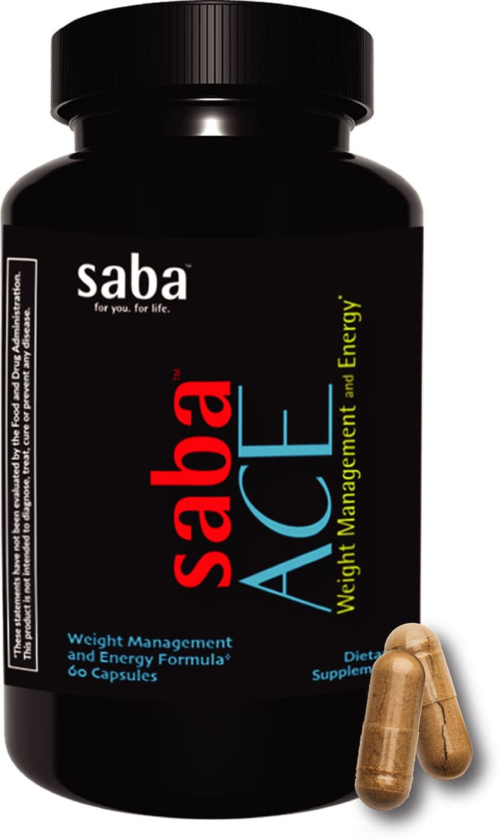 Saba ACE weight management and energy supplement bottle with capsules