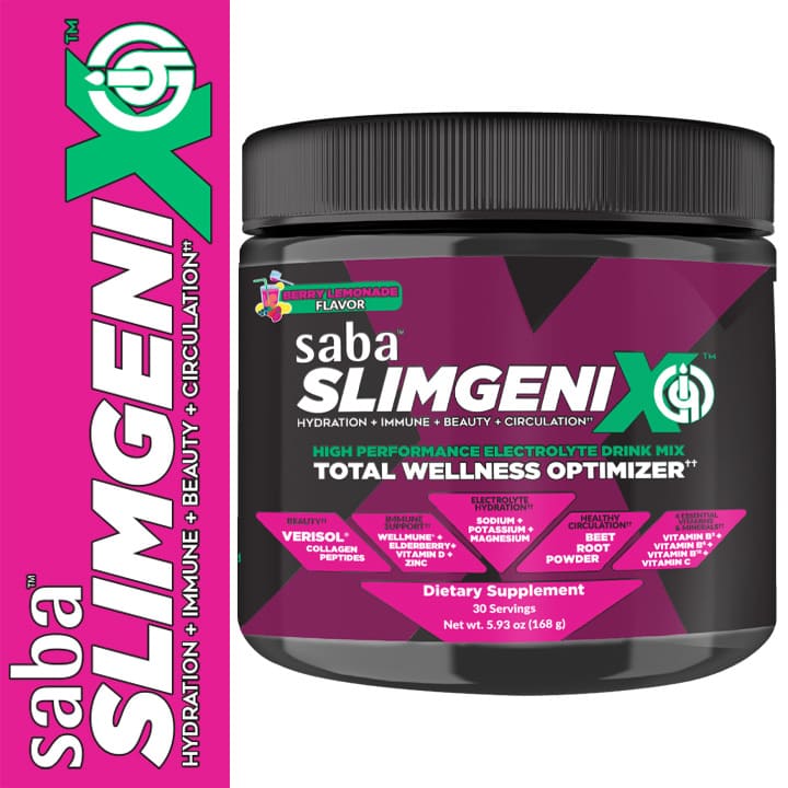Saba Slimgenix X Total Wellness Optimizer electrolyte drink mix in berry lemonade flavor